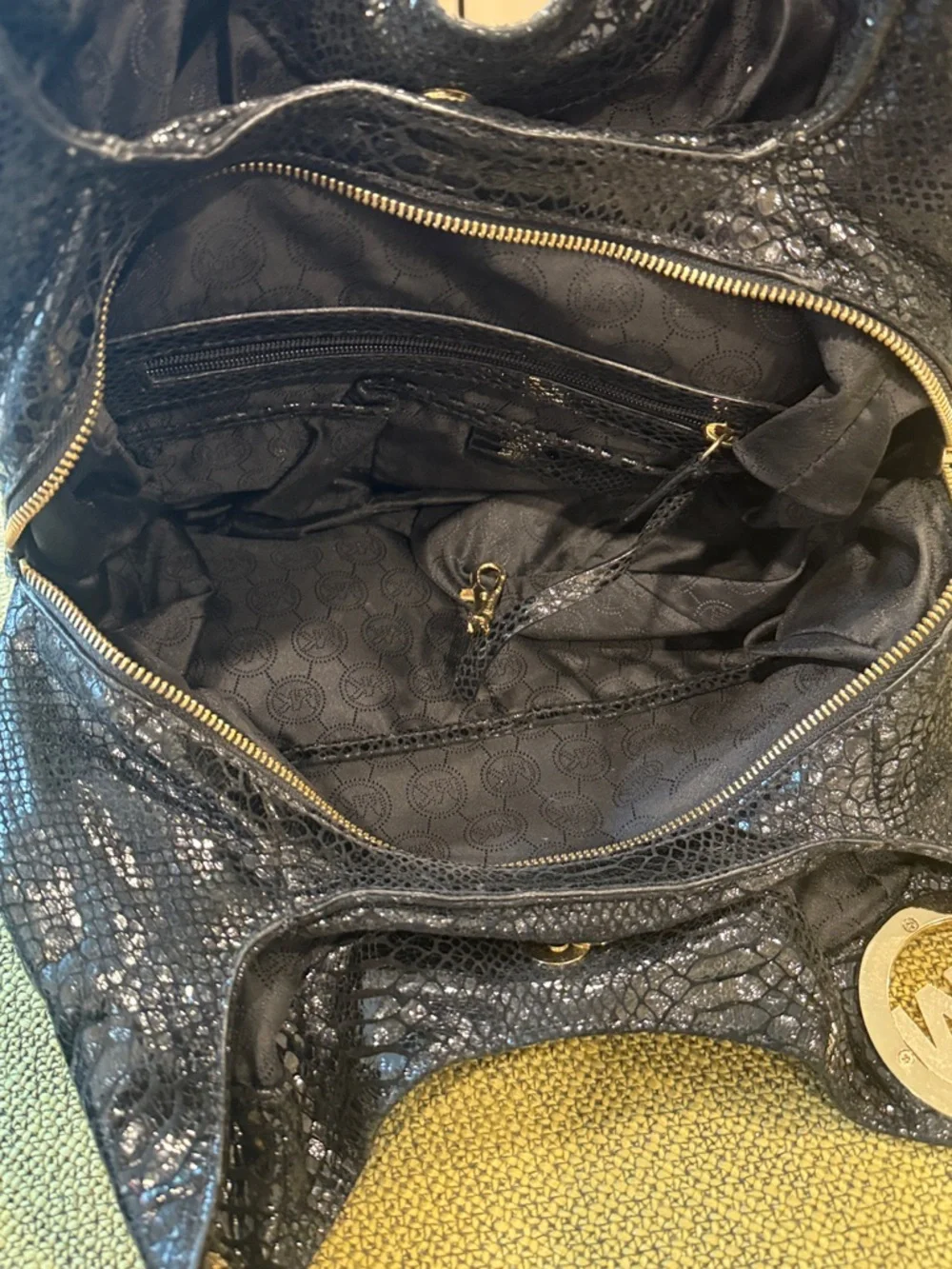 *Michael Kors Black Glossy Shimmery Snakeskin-Texture Shoulder Bag - Picture 7 of 11